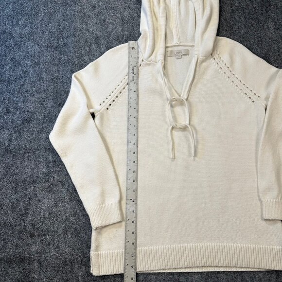 LOFT Waffle Knit Hoodie Sweater WMNS M Ivory Hooded V-Neck Pullover Cozy Warm - Picture 2 of 9